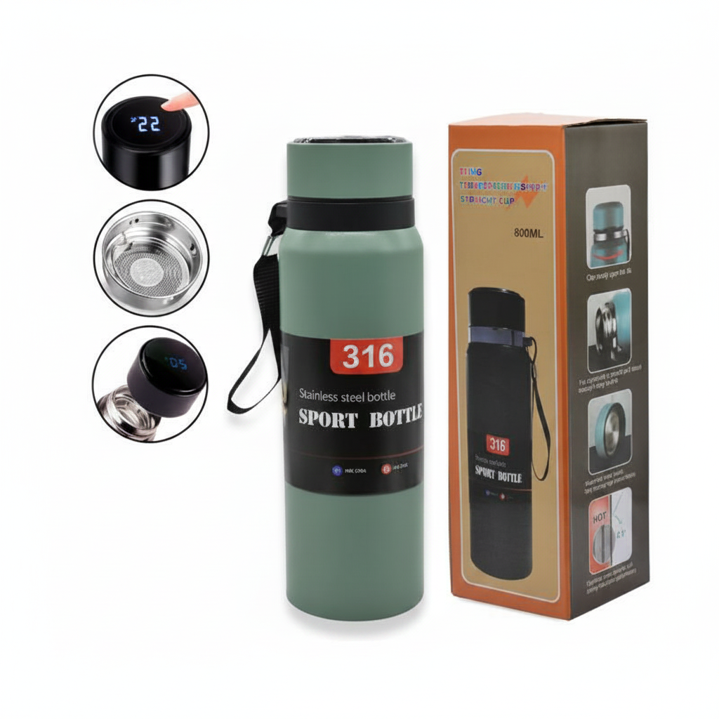 Botella térmica verde 800ml con medidor de temperatura y caja