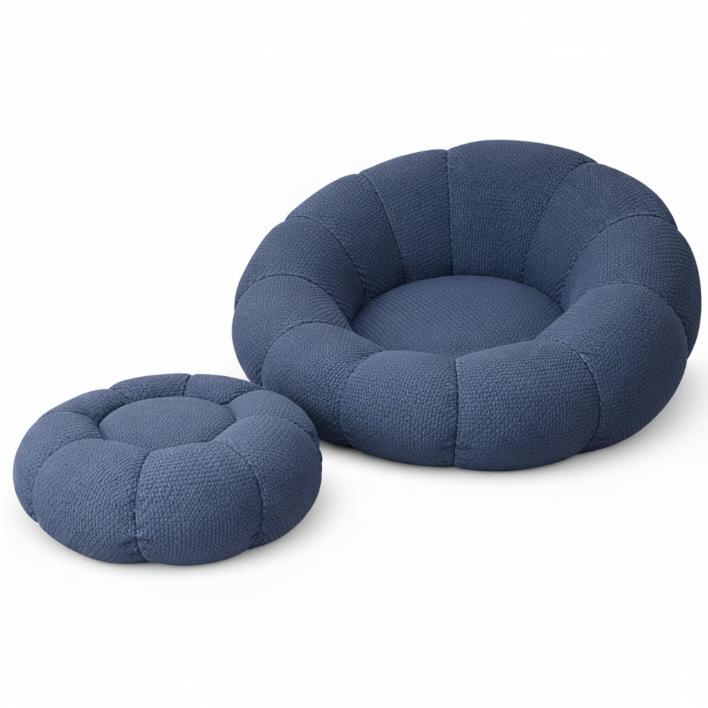 Puf con reposapies azul oscuro fondo blanco