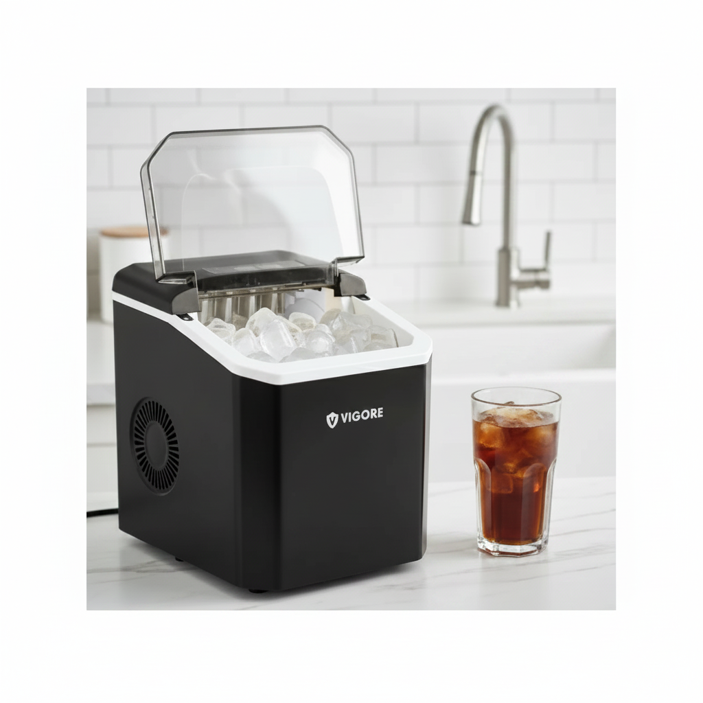Máquina de hielo Vigore negra con hielo y vaso