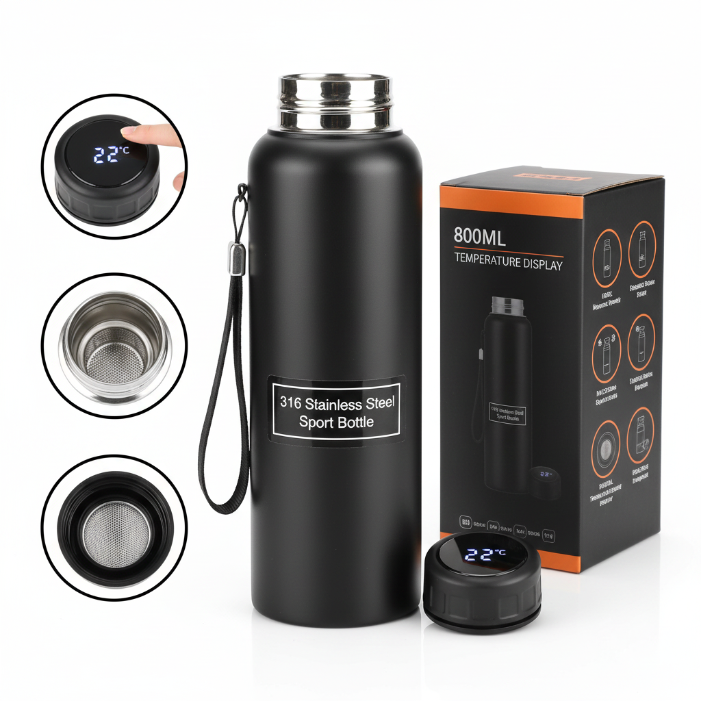 Botella térmica negra 800ml con medidor de temperatura y caja