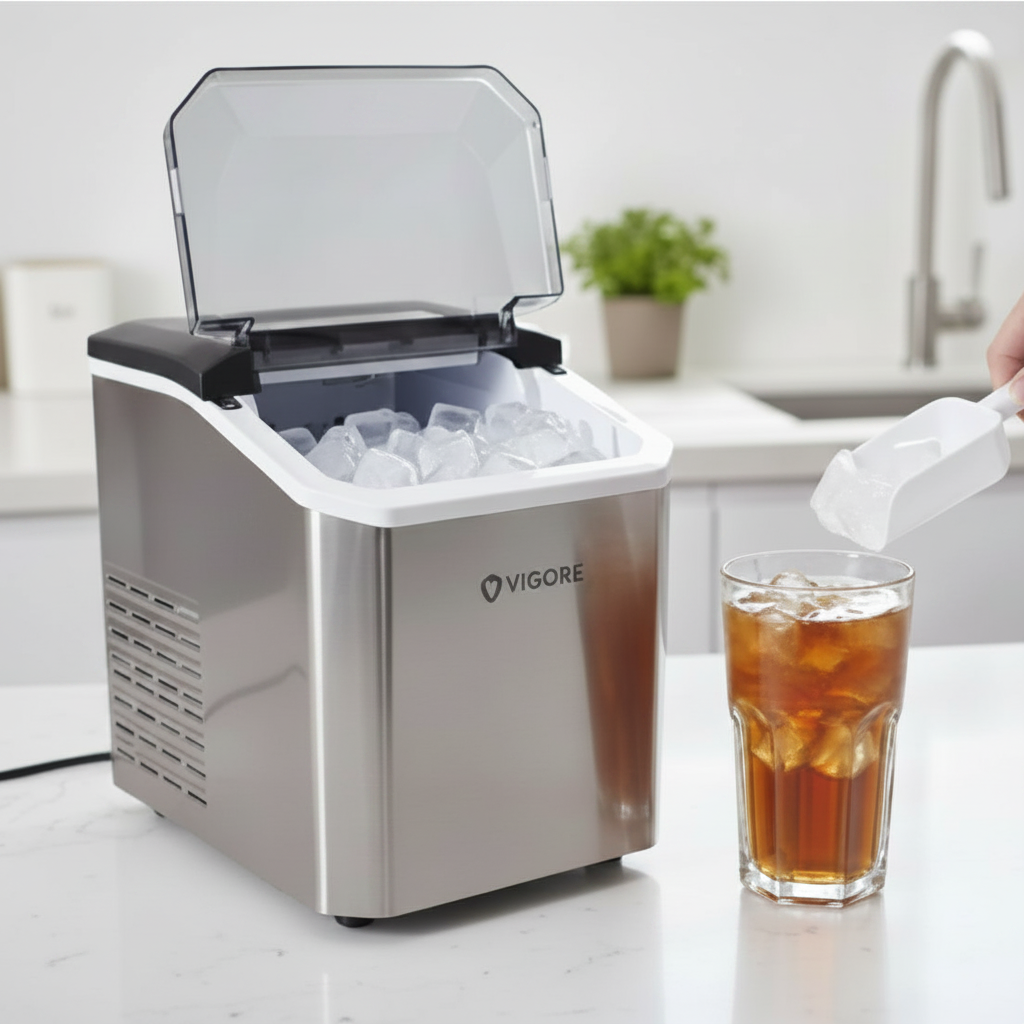 Máquina de hielo Vigore plateada con hielo y vaso